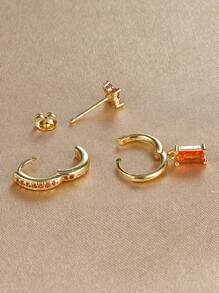 3 pièces Set de boucles d'oreilles pendantes à la mode avec zirconium orange pour femmes. Boucles d'oreilles à fleurs pendantes en acier inoxydable. Bijoux de piercing