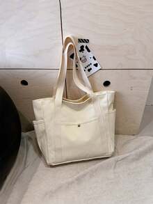 1 件女式多口袋帆布手提包带手柄，可重复使用大容量手提包，适合日常使用和旅行，多个隔层，非常适合海滩、工作和日常 - 彩色 - 查看 4