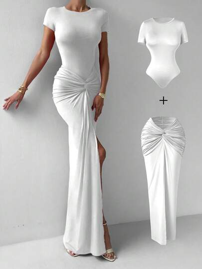 2 pezzi Elegante body aderente rosso ad alto stretch, con maniche corte, volant in vita, abbinata a gonna lunga con vita elastica, adatto per appuntamenti primaverili/estivi