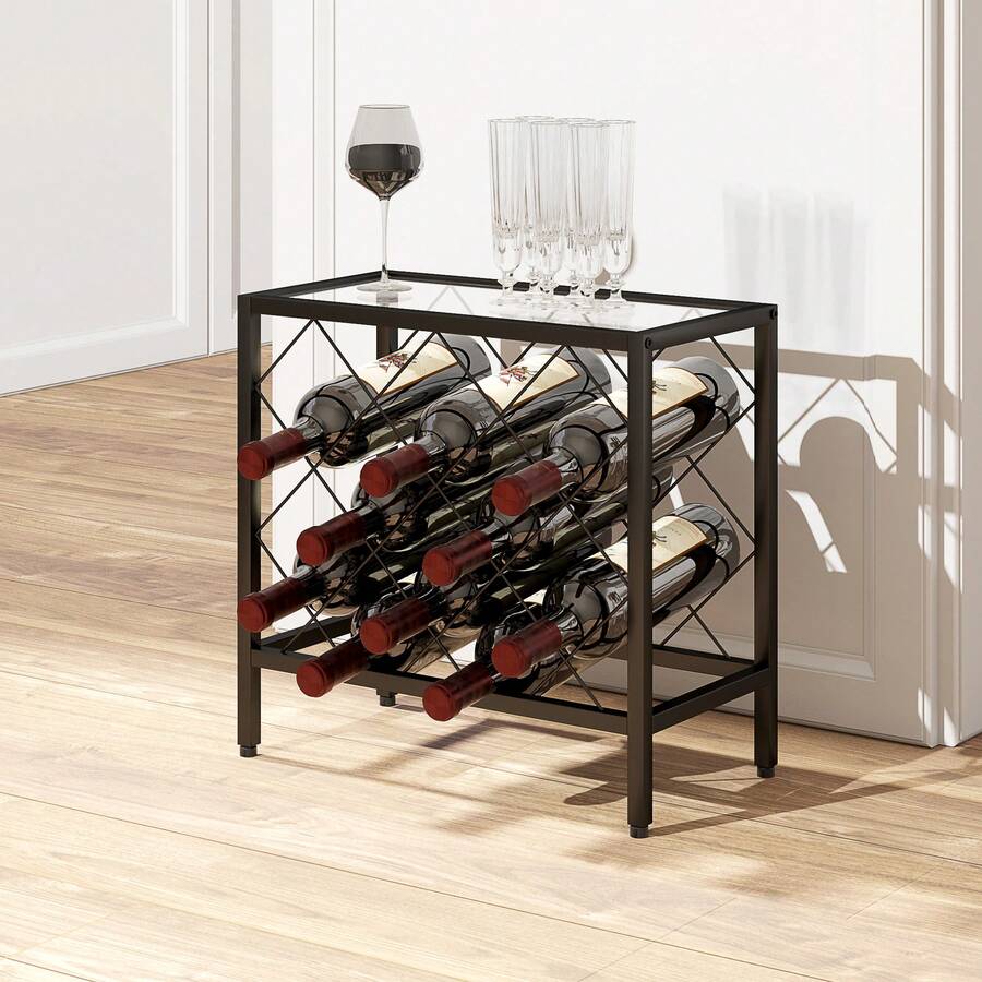 HOMCOM Portabottiglie Vino per 10 Bottiglie Totali con Piano d'Appoggio in Vetro Temperato, Cantinetta Portabottiglie in Acciaio, per Cucina, Dispensa, Cantina e Bar, 41x22x41 cm, Nero - Schwarz - Übersicht 1