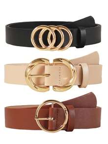 3 Pcs Women's Belt Set, Women's Waist Belts With Gold Color Alloy Buckle, Suitable For Jeans - Multicolor - View 4