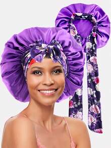 1pc Women Elastic Printed Ribbon Satin Hair Bonnet, 36cm Diameter, Head Wrap Cap Suitable For Daily Use - Multicolor - View 13