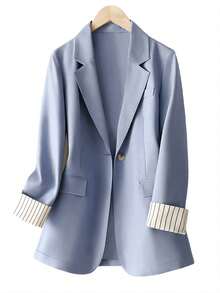 Women's Sleeve Stripe Patchwork Single-Button Regular Blazer - Dusty Blue - View 3
