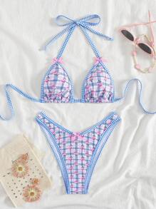 Women's Plaid & Ditsy Floral Halter Neck Bikini Set, Summer