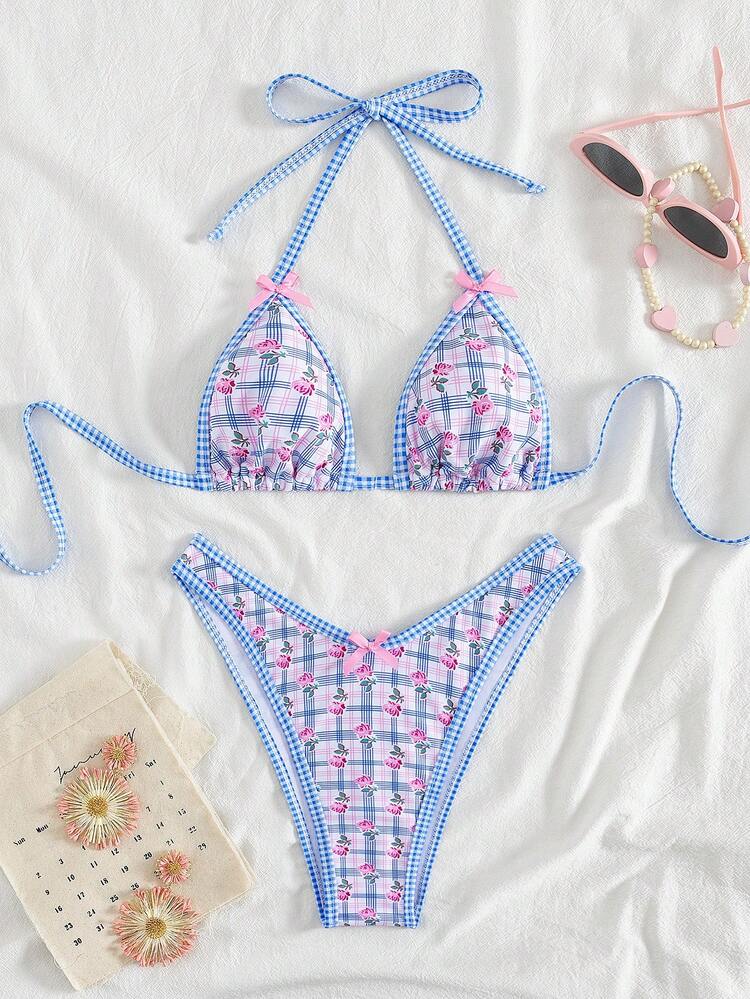 Women's Plaid & Ditsy Floral Halter Neck Bikini Set, Summer - Multicolor - View 2