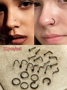 21pcs Black Nose Ring Butterfly Shaped Stainless Steel Nose Ring Set, Mini Black Nose Stud Nose Hoop With Heart & Various Shapes Decoration, Body Piercing Facial Jewelry For Women Gifts