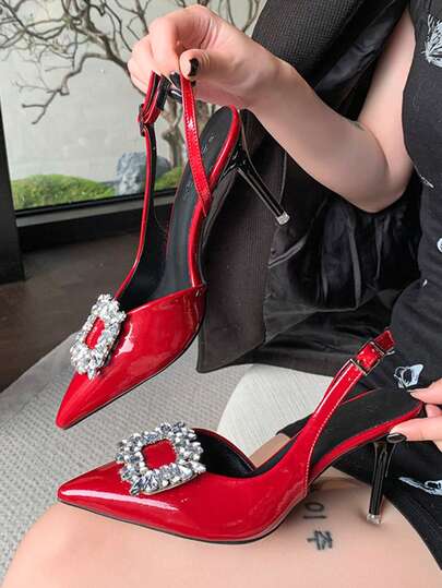 New Summer French Pointed Toe Patent Leather Mid Heel Sandals, Retro Thin Heel Party Wedding Shoes
