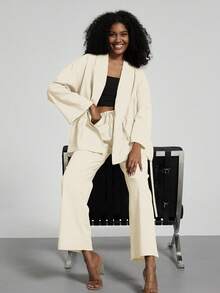 Women's Solid Color Casual Kimono Style Belted Cardigan And Pants Two Pieces Set - Beige - View 2