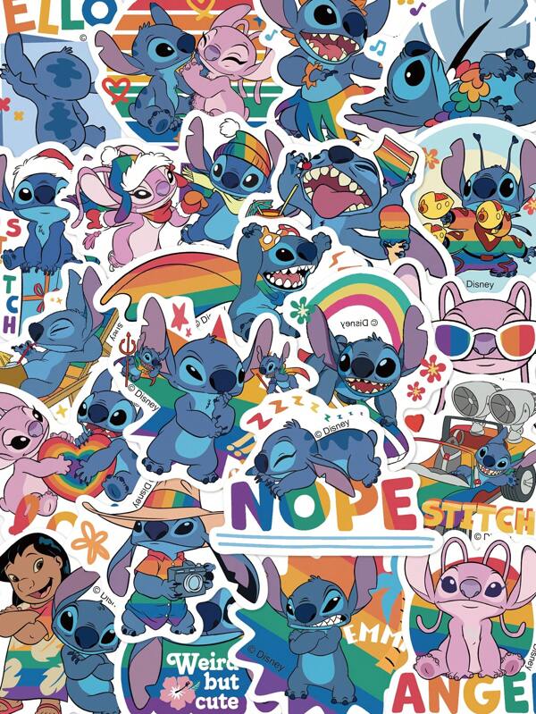 Disney 50pcs Colorful Stitch Stickers, Creative Cute Cartoon Decorative Stickers For Scrapbooking, Phone Case, Notebook, Tablet, Skateboard, Guitar, Party, Luggage, Box, Helmet, Envelopes, Shelves, DIY