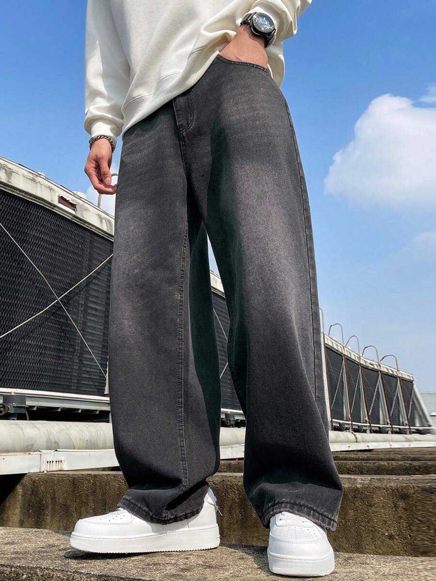 1 件男士复古水洗做旧直筒宽松休闲阔腿牛仔裤，带磨损下摆 - 深灰色 - 查看 1