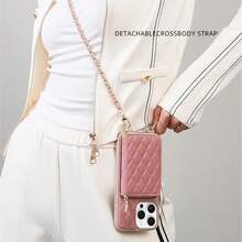 1 件菱形香氛手机袋/手机壳，奢华绗缝皮革，羊毛图案，斜挎肩带，硬币和卡槽，女士便携式保护套，适合 17、16、15、14、13、12、11、Galaxy，可选颜色：黑色、杏色、粉色、驼色、勃艮第酒红色、紫色、橙色、玛瑙黑、雅致白 - 粉色 - 查看 4