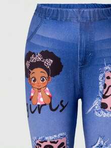 Girls Cute Cartoon Girl Pattern Digital Print Faux Ripped Denim Effect Casual Leggings, Spring/Summer/Autumn - Multicolor - View 3