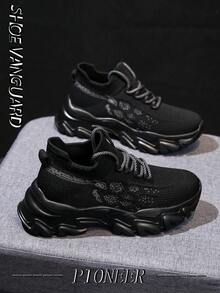 Men's Comfortable Shock-Absorbing Athletic Sneakers, Personalized Knitted Striped Casual Versatile Shoes, Outdoor Fashion Minimalist Lightweight Slip-On Couple Shoes - Black - View 5