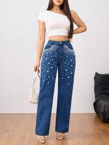 Elegant Heavy Pearl Embellished Washed Straight Leg Jeans – Luxurious & Stylish Women's Denim Pants - Rửa tối - Xem 2