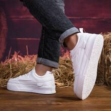 أحذية بكعب سميك أبيض للرجال عصرية، من مادة EVA مقاومة للطي والبلى، ألوان سادة للرياضة والمشي اليومي للشباب والطلاب، أحذية رياضية وسكيت بورد منخفضة الأعلى بأربطة