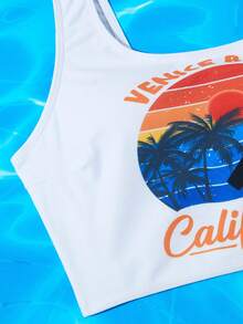 2pcs Women's Fashion Surfing Graphic Print Bowknot Strap Bikini Swimsuit Set - White - View 3