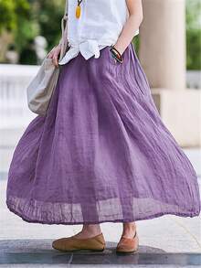 Women's Lavender Purple Vintage Style Maxi Skirt - Breathable Polyester, Loose Fit With Pockets, Spring/Summer Elegant Casual Design