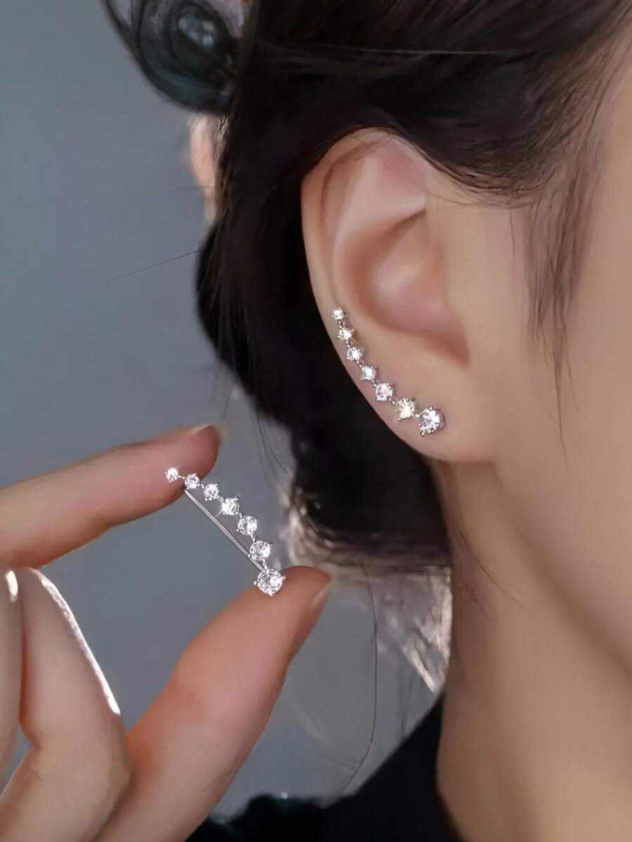 2pcs 925 Sterling Silver 7 Crystals Ear Cuffs Climber Cartilage Earrings Dainty Jewelry Hypoallergenic Fashion Earring Charms Birthday Gift For Women Daily Wear - Silver - View 1