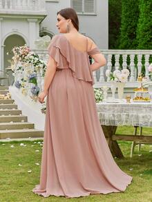 Plus Size Chiffon Minimalist Sexy Asymmetrical Shoulder Bodycon Cocktail Wedding Dress,Bridesmaid Dress - Coral Pink - View 2