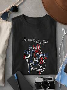 Go With The Flow, Nurse Casual Comfy Shirt, CVICU Nurse Gift For Women, Nurse Appreciation Gift, Cardiac Nurse, EKG Tech, Crew Neck Cotton Cardiology Tee, Cardiac Nursing, Cardiac Crew T-Shirts, Heart Flow Anatomy, Anatomical Heart, Heart Surgeon Medical Student ODT-559 - 黑色 - 查看 1