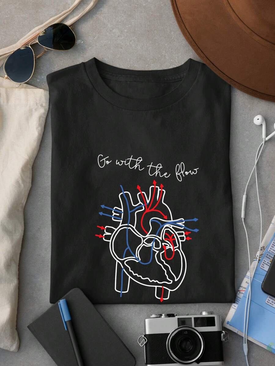 Go With The Flow, Nurse Casual Comfy Shirt, CVICU Nurse Gift For Women, Nurse Appreciation Gift, Cardiac Nurse, EKG Tech, Crew Neck Cotton Cardiology Tee, Cardiac Nursing, Cardiac Crew T-Shirts, Heart Flow Anatomy, Anatomical Heart, Heart Surgeon Medical Student ODT-559 - 黑色 - 查看 1