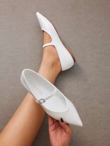 Women Fashion Flats Pointed Toe Ballet Flats Elegant Mary Jane With Buckle Strap Spring Summer Shoes - trắng - Xem 3
