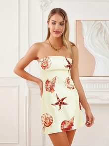 Women Mini Tube Top Dress Slim Flower/Butterfly/Starfish Off Shoulder Sleeveless Bodycon Dress For Party Club - Light Yellow - View 3