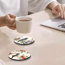 6/12pcs Set Watercolor Illustration Style Wooden Coasters, Decorated With Floral And Bird Patterns, Fresh And Elegant With Natural Vibe, Size 10*10cm, Suitable For Kitchen, Kitchen Decor, Holidays, Wedding Table, Bedroom, Room Decor, Garden Decor, Coaster Set, Beverage Coasters, Home Coasters - Multicolor - View 2