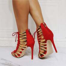 Women's Tassel Lace-Up Heeled Sandals Stylish High Heels In Red & Black - 紅色 - 查看 3