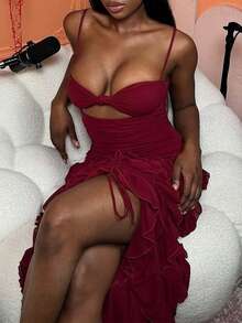 Sexy Cut-Out Side Slit Backless Mesh Strap Multi-Layer Ruffle Maxi Dress For Women, Graduation Party Outfit