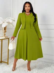 2025 Autumn/Winter Plus Size Women's Cardigan Suit Jacket Two Pieces Set, Suitable For Commuting, Business, And Everyday Outdoor Wear - Green - View 2