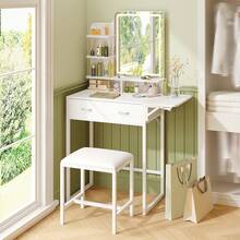 Tomnk Makeup Vanity Desk Set With Mirror LED Lights(Powered By Usb) And Power Outlet Vanity Desk With Soft Dressing Stool, Drawers, Open Organizer, Dressing Table Bedroom, Minimalist Aesthetic Room Decor, Home Decor, Bedroom Furniture, For Christmas Thanksgiving Festival Gift - 美規B型插(110-127V) - 查看 9