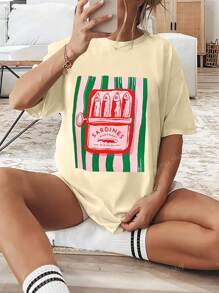 T-shirt à manches courtes pour femmes, col rond, impression graphique de sardines, décontracté pour tous les jours, top d'été pour femmes