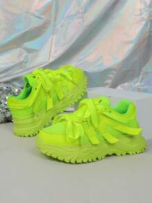 2025 Autumn Women's Neon Green Stylish Fashion Sneakers, Lace-Up, Non-Slip, Wedge Chunky Chunky Sneakers, Suitable For Holiday Parties, Gatherings, Fashionable Outings, - Green - View 5