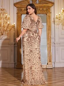 hezixi 大码女士高品质弹力亮片修身 V 领灯笼袖优雅正式礼服适合派对、婚礼、正式晚宴（大量装饰）