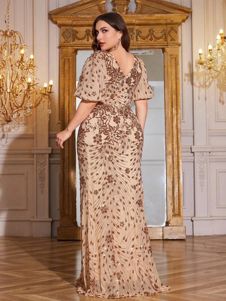 hezixi Vestido formal elegante de gala para fiesta, boda y cena formal de mujeres de talla grande, de alta calidad, con elástico, lentejuelas, cuello en V y mangas farol (muy recargado) - Champán - Añade 2