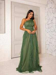 One-Shoulder Layered Bridesmaid Prom Dress - Olive Green With Shine - View 1
