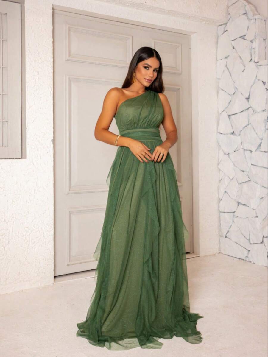 One-Shoulder Layered Bridesmaid Prom Dress - Olive Green With Shine - View 1