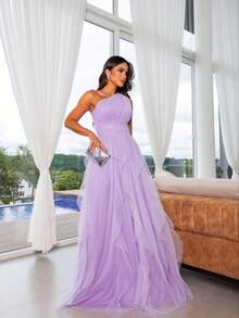One-Shoulder Layered Bridesmaid Prom Dress - Lilac - View 2