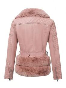 Women's Faux Leather Jacket With Elegant Faux Fur Collar And Belt, Warm Retro Style - Ideal Choice For Autumn/Winter Season - 粉色 - 查看 2
