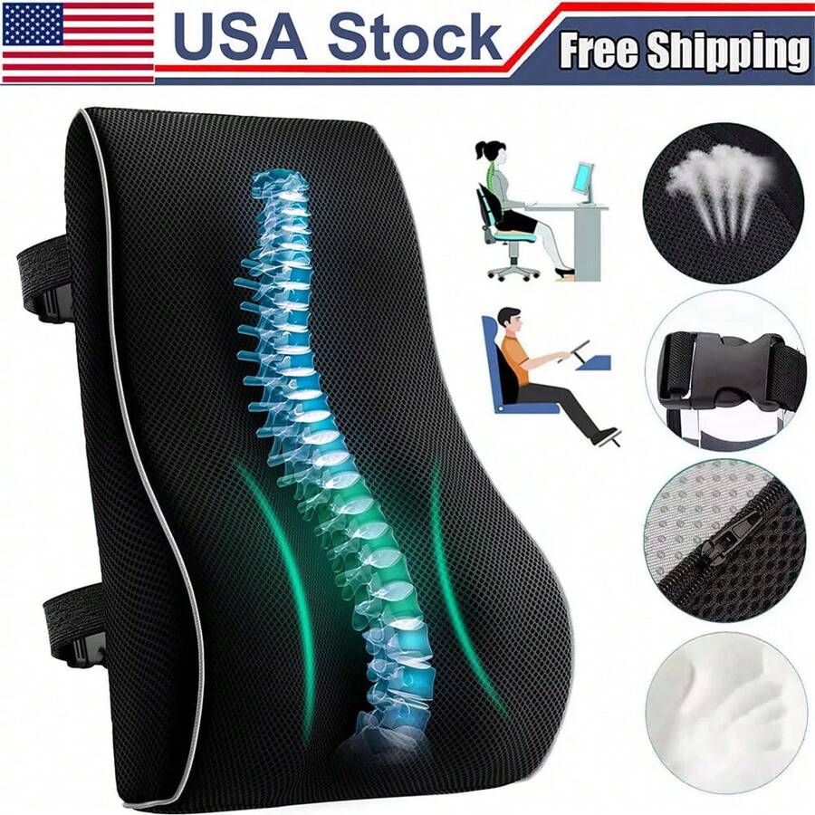 Memory Foam Lumbar Support Cushion For Home Office Car Seat Back Chair Pillow US,Relieve Fatigue, Portable, Long-Lasting And Non-Deformable. Christmas, Thanksgiving And Mother's Day Gifts - Black - View 1