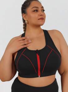 Plus Size Front Zip High Impact Color Block Sports Bra