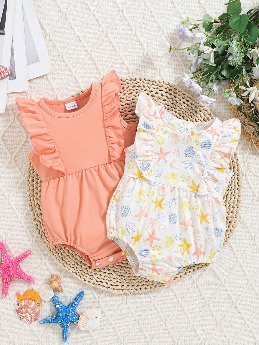 3 Pieces Set Baby Girl Spring/Summer Outfit: 1pc Yellow Bird & Leaf Print, 1pc Pink Ditsy Floral, 1pc Blue Bird & Leaf Print Cap Sleeve Bodysuit - Multicolor - View 1