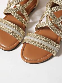 Sandales plates de style romain pour femmes, sandales de plage/trajet confortables et décontractées avec fermeture éclair à l'arrière, sandales romaines à semelle souple à la mode - Doré - Voir 5