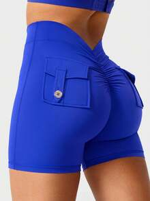 YEOREO Pink Shorts Workout Shorts With Pockets For Women V Back Scrunch High Waisted Shorts Charm Gym Yoga Biker Shorts - 克萊因藍 - 查看 3