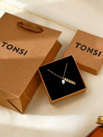 TONSI 1件优雅简约不锈钢18K镀金珍珠吊坠项链，礼盒装饰