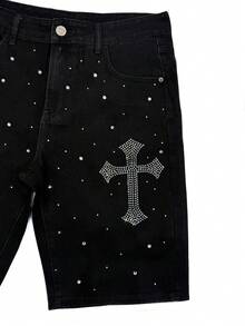 男士交叉水钻口袋休闲百搭牛仔短裤，emo 风格