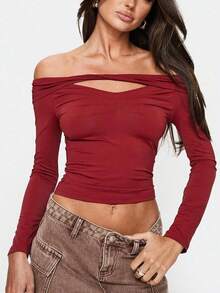 Top Rojo de Manga Larga Off-Shoulder | Diseño Elegante y Ajustado | Look Casual y Sexy para Mujeres Mexicanas - Rojo - Ver 1