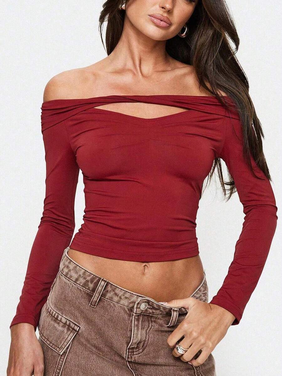 Top Rojo de Manga Larga Off-Shoulder | Diseño Elegante y Ajustado | Look Casual y Sexy para Mujeres Mexicanas - Rojo - Ver 1