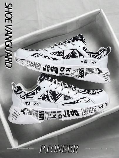 （尺码偏小）男士时尚涂鸦撞色字母贴片厚底运动鞋，舒适休闲日常百搭情侣运动鞋，适合搭配运动牛仔裤